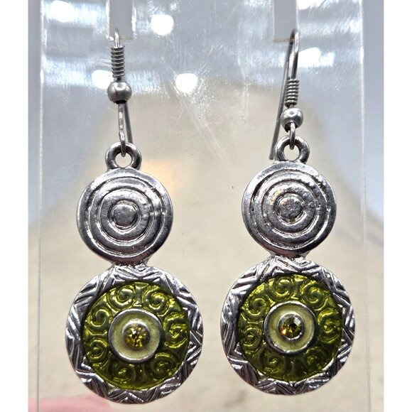 Handcrafted Silver & Green Dangle Earrings With Intricate Swirl Design & Yellow - Picture 1 of 2